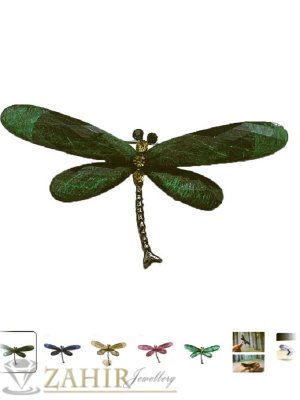 Красиво водно конче брошка с маслено зелени крила и кристали на черна основа, размери 7на 3 см - B1399